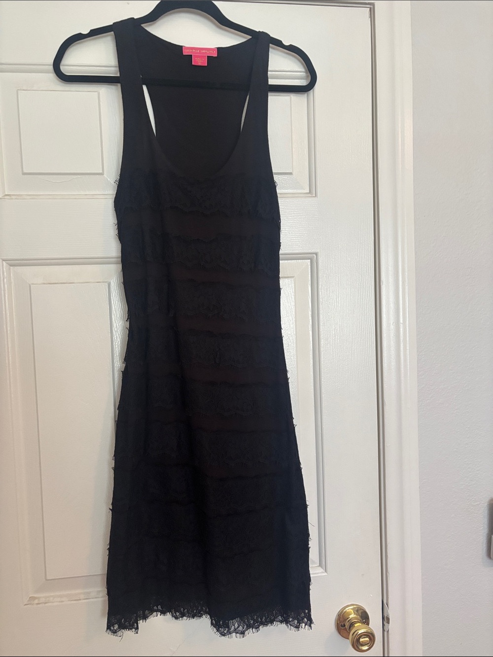 Charlotte Tarantola Black Lace Tiered Midi Dress